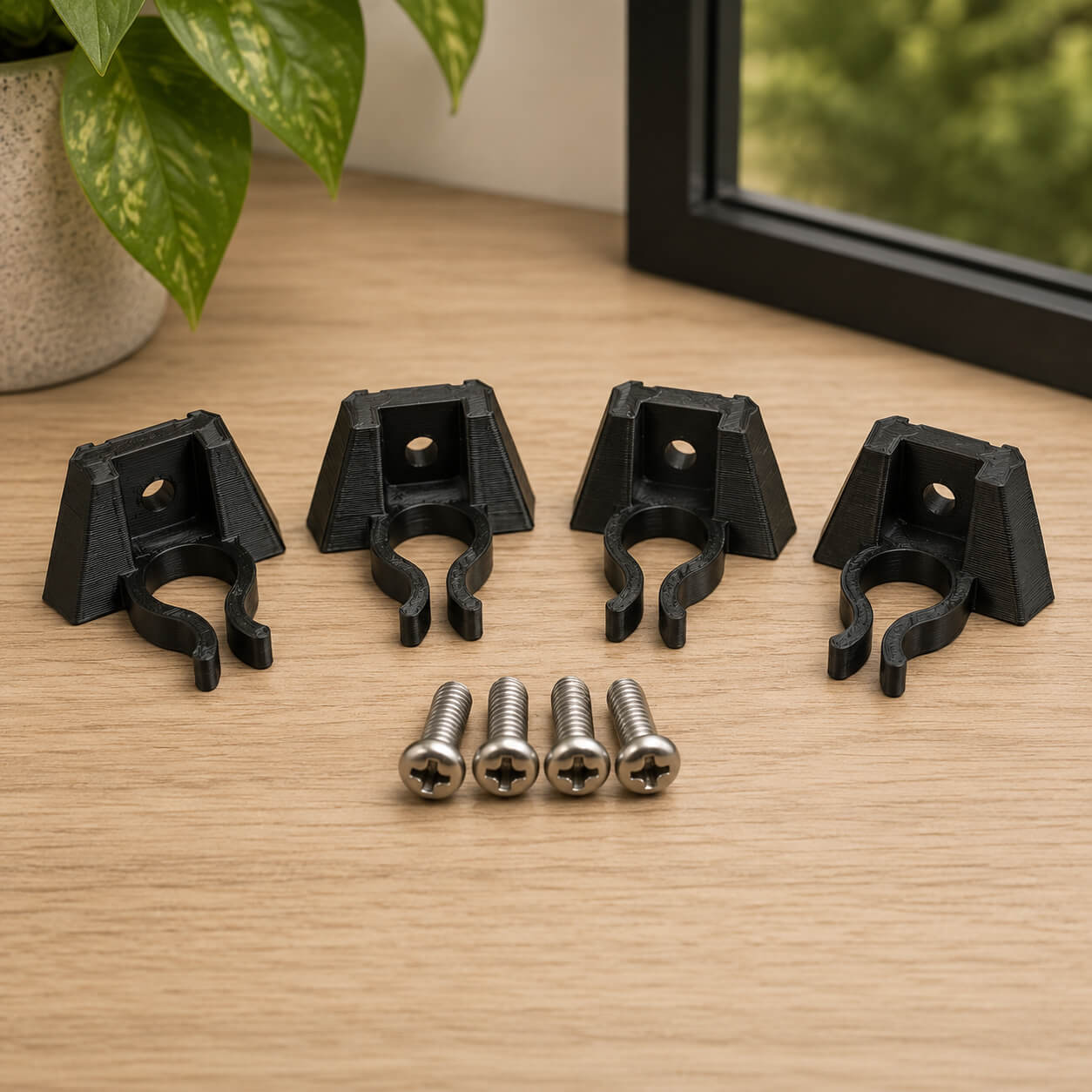 Set of black plastic clips and screws on a wooden surface with a plant in the background.