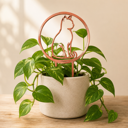 Copper silk cat trellis supporting climbing vines in a ceramic planter