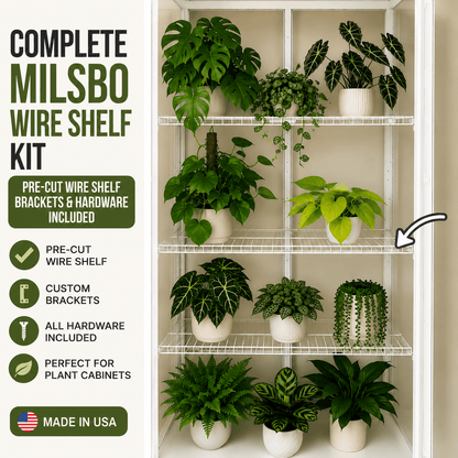 Complete white wire shelf kit installed in an IKEA Milsbo Tall plant cabinet with custom mounting brackets and houseplants.