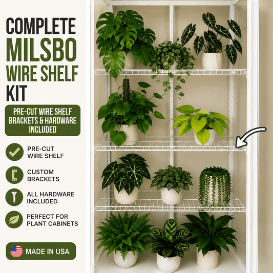 Complete white wire shelf kit installed in an IKEA Milsbo Tall plant cabinet with custom mounting brackets and houseplants.