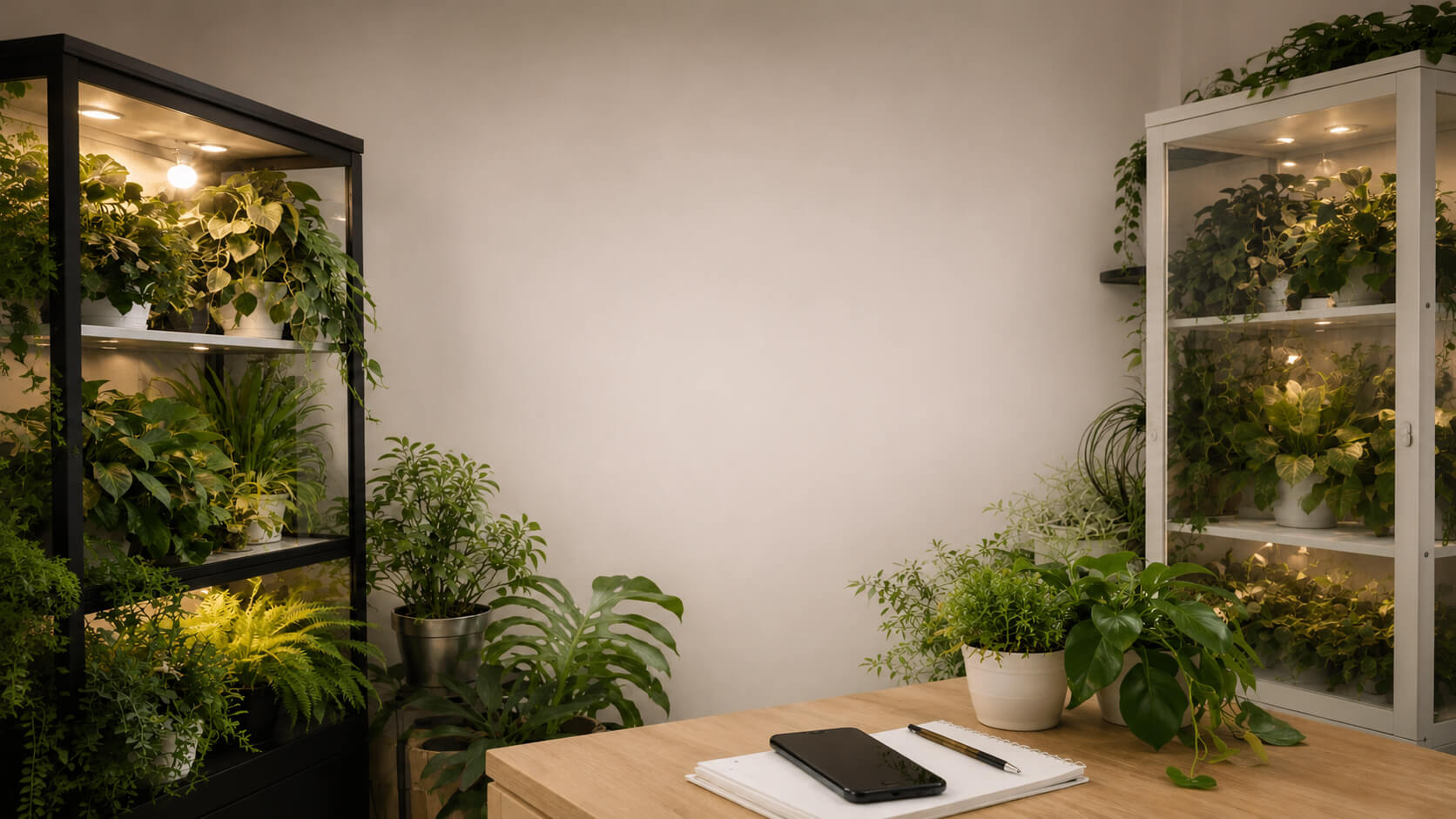 Indoor setting with plants in glass cabinets and on a table.