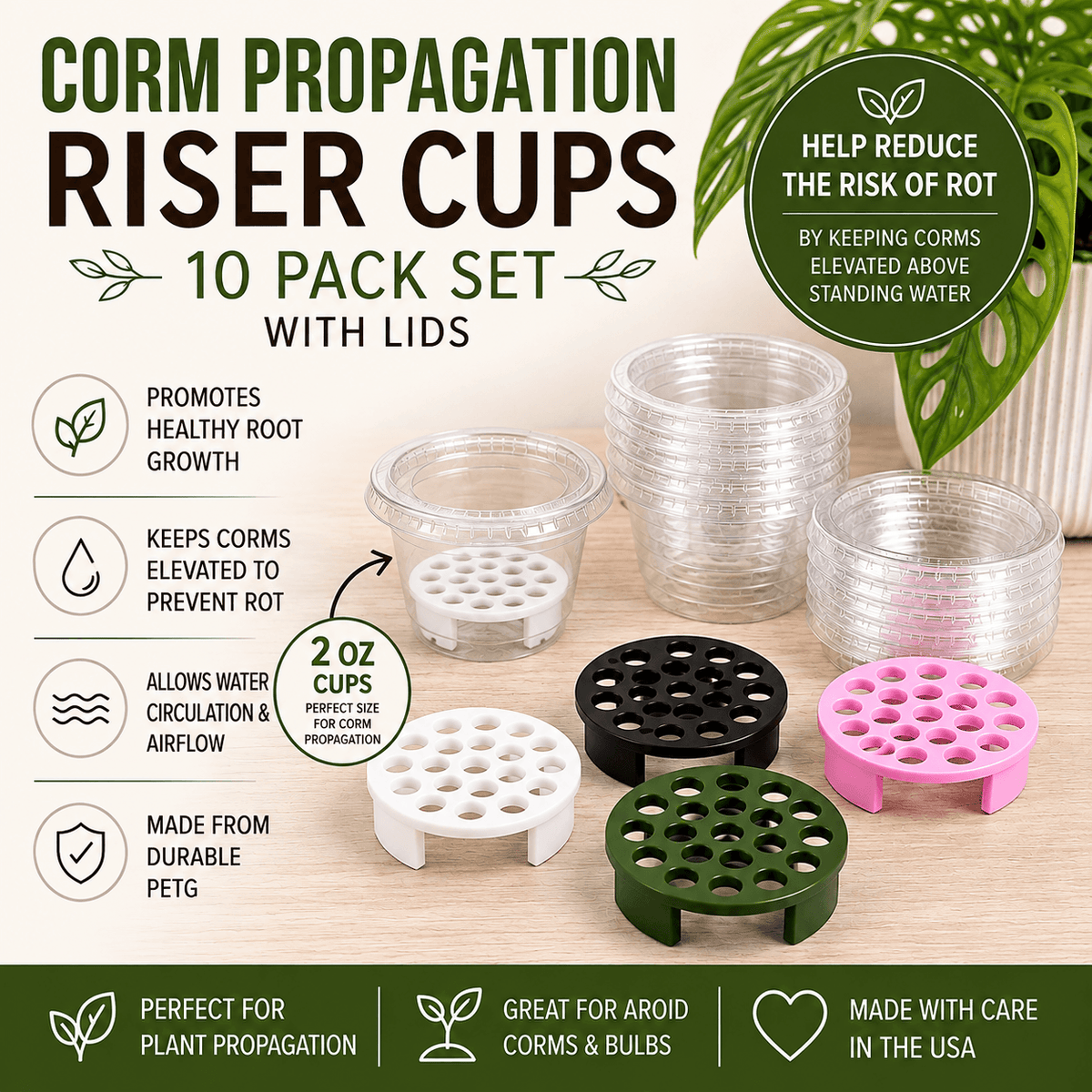 Promotional graphic for a 10-pack set of Corm Propagation Riser Cups with lids, showing several small plastic cups in clear, white, black, green, and pink on a tabletop, with text callouts and benefit icons.