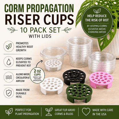Promotional graphic for a 10-pack set of Corm Propagation Riser Cups with lids, showing several small plastic cups in clear, white, black, green, and pink on a tabletop, with text callouts and benefit icons.