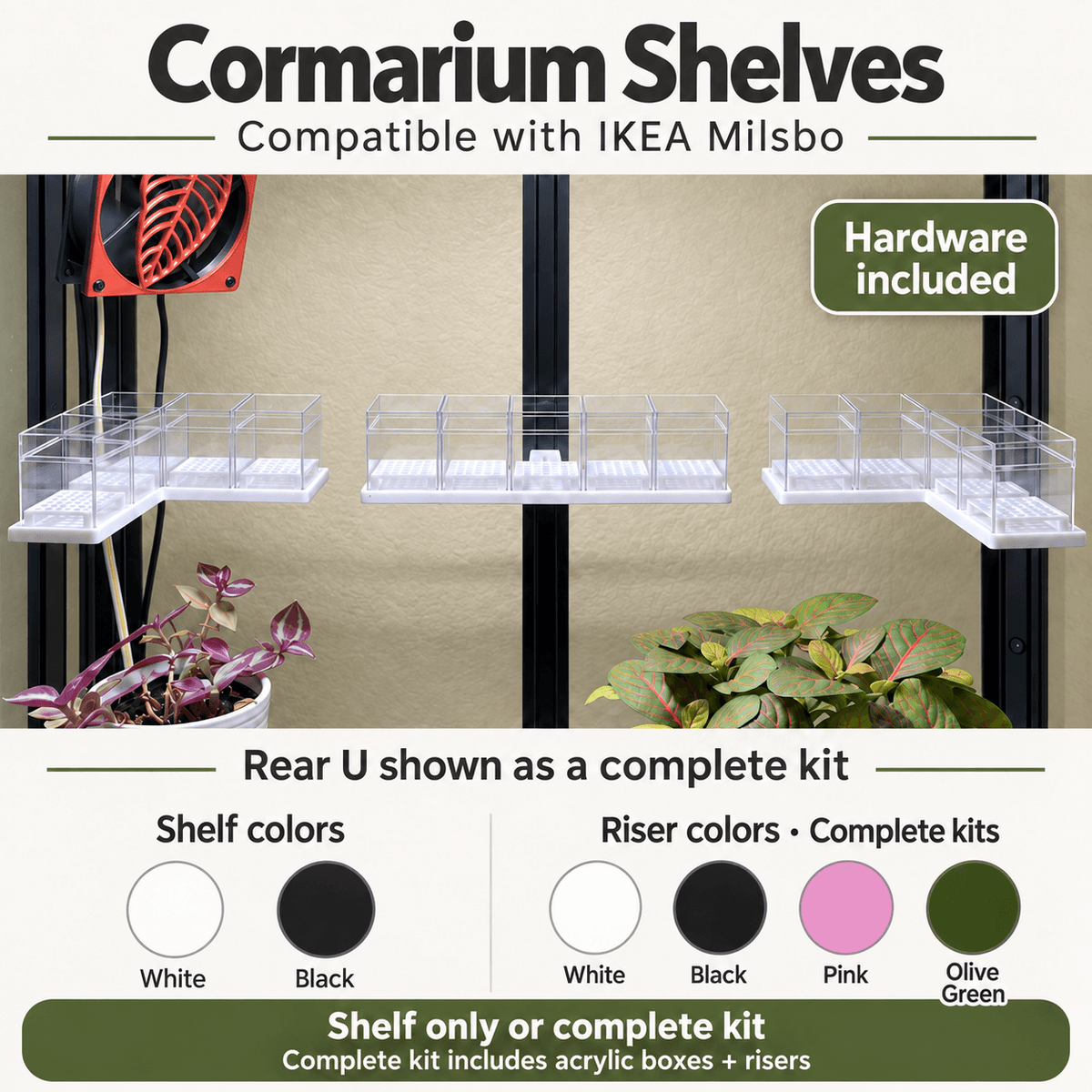 Cormarium shelves compatibility and kit information graphic showing clear acrylic shelf units mounted on a black grow light frame, with text noting compatibility with IKEA Milsbo and hardware included. A lower section shows shelf and riser color options in white, black, pink, and olive green.