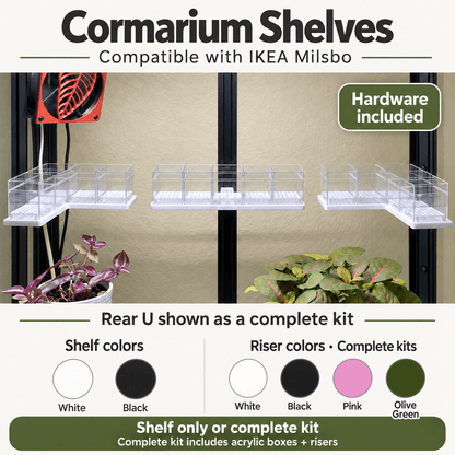 Cormarium shelves compatibility and kit information graphic showing clear acrylic shelf units mounted on a black grow light frame, with text noting compatibility with IKEA Milsbo and hardware included. A lower section shows shelf and riser color options in white, black, pink, and olive green.
