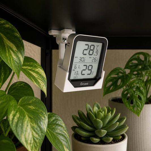 Govee H5075 magnetic hygrometer mount installed inside plant cabinet