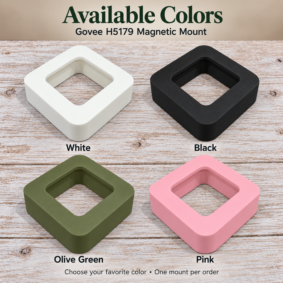 Govee H5179 magnetic mounts in four labeled colors: white, black, olive green and pink. One mount per order.