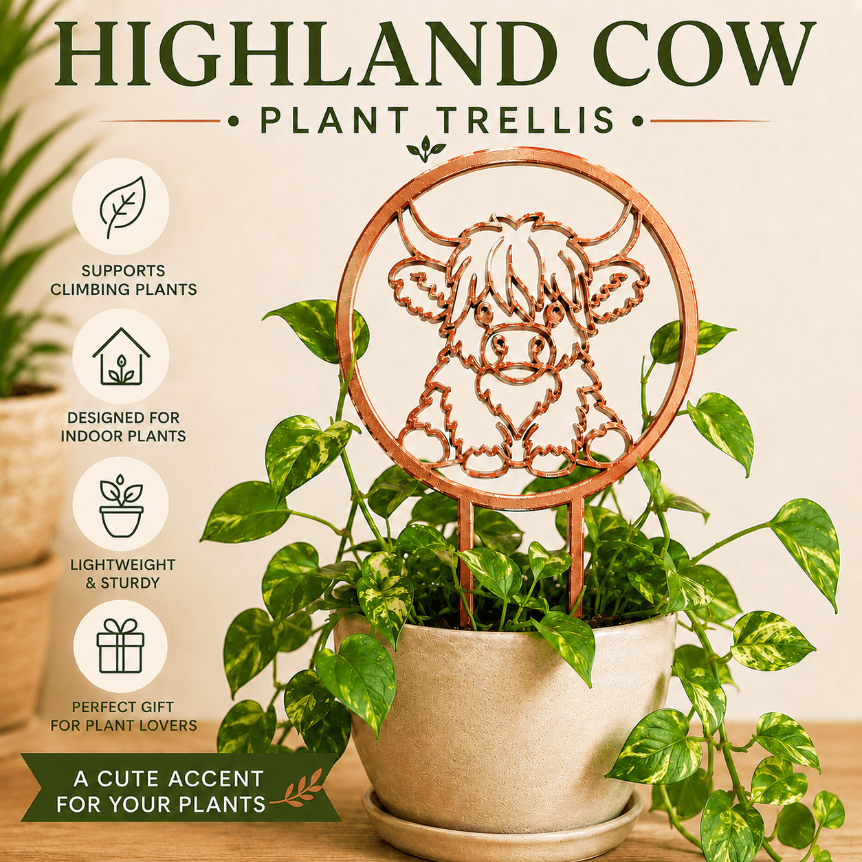 Highland cow plant trellis in copper silk displayed with an indoor houseplant