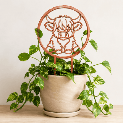 Highland cow trellis supporting climbing vines in a ceramic planter