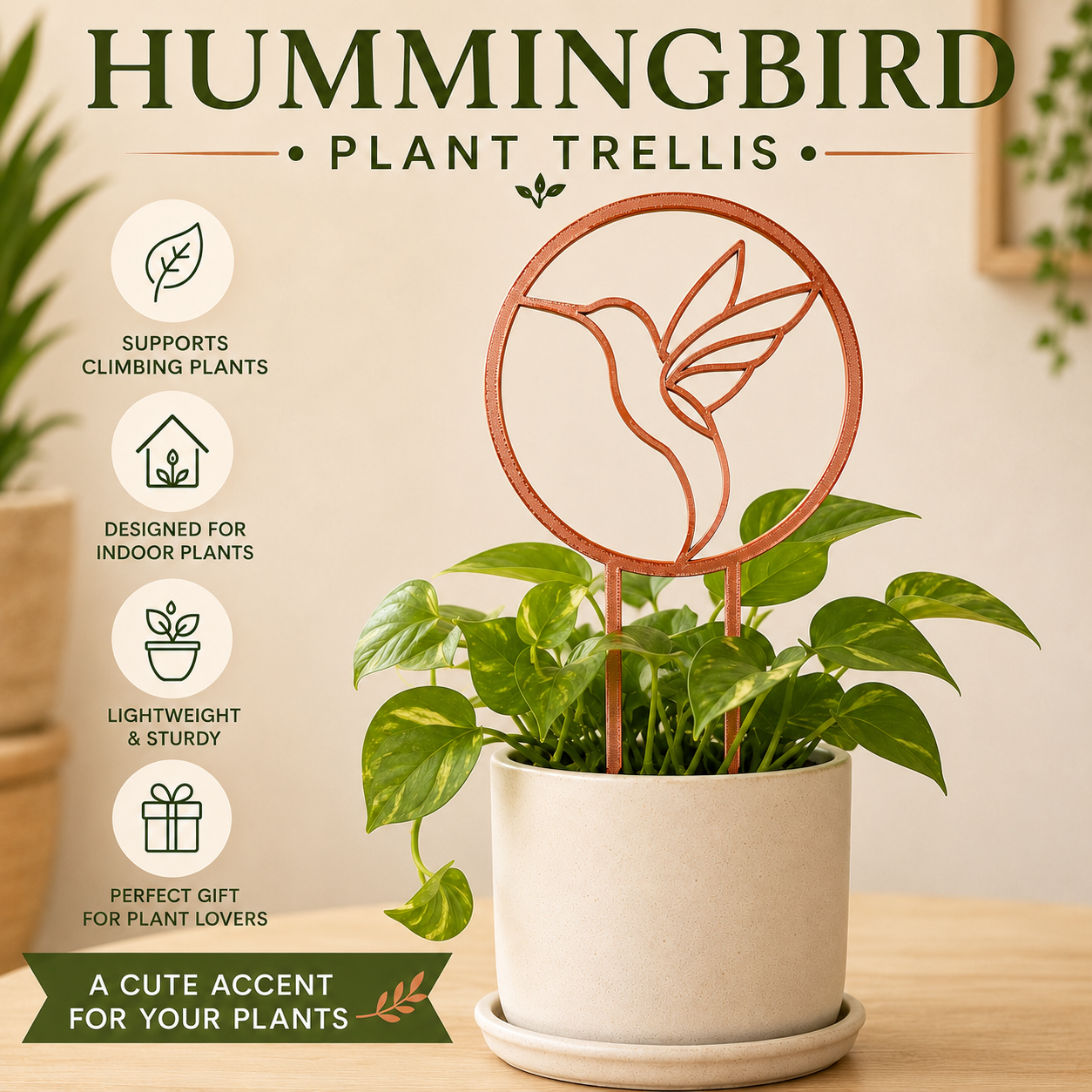 Hummingbird plant trellis in copper silk displayed with an indoor houseplant