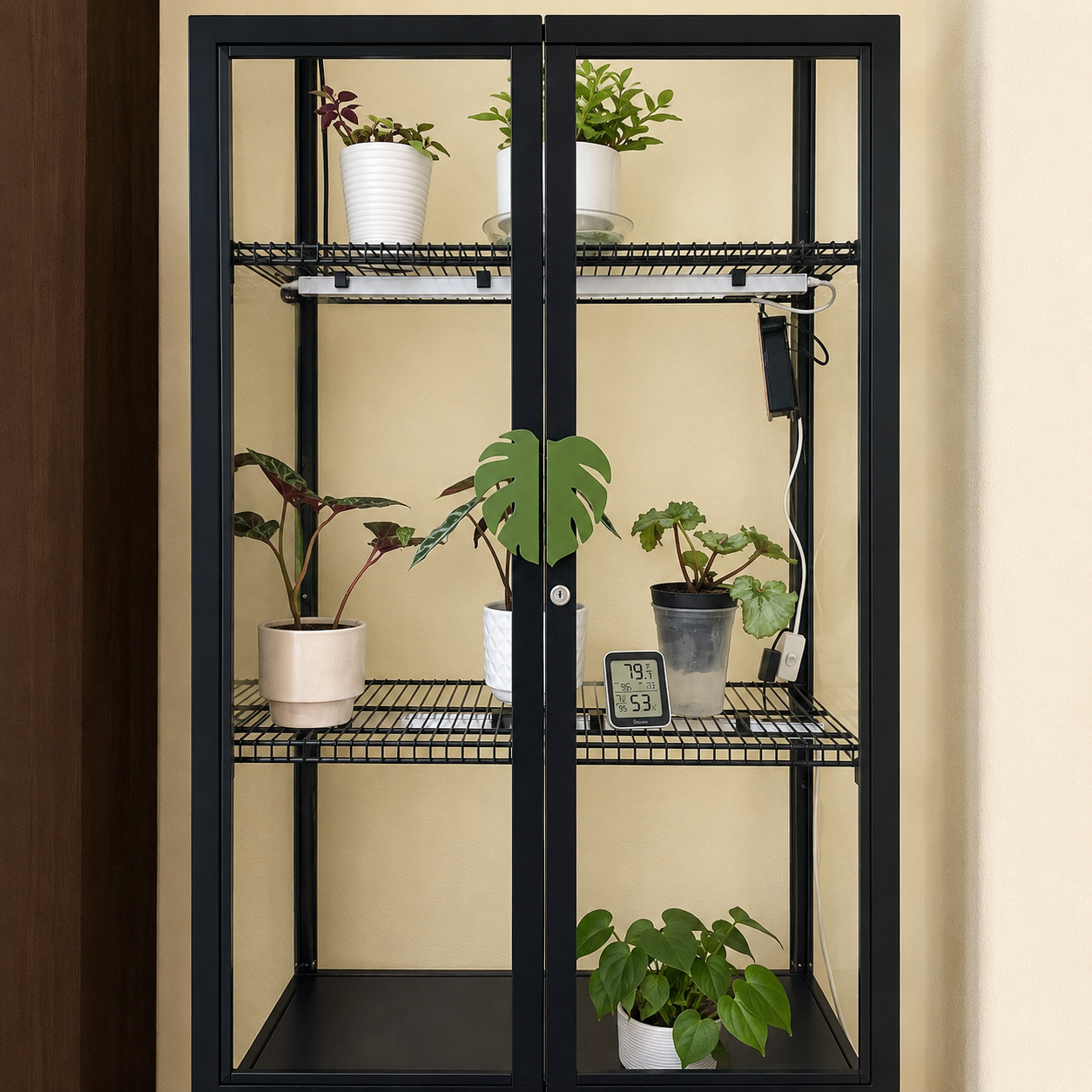 A tall black metal shelving unit with two glass doors, shown holding several potted houseplants. The shelves include wire racks and a solid bottom shelf, set against a beige wall.