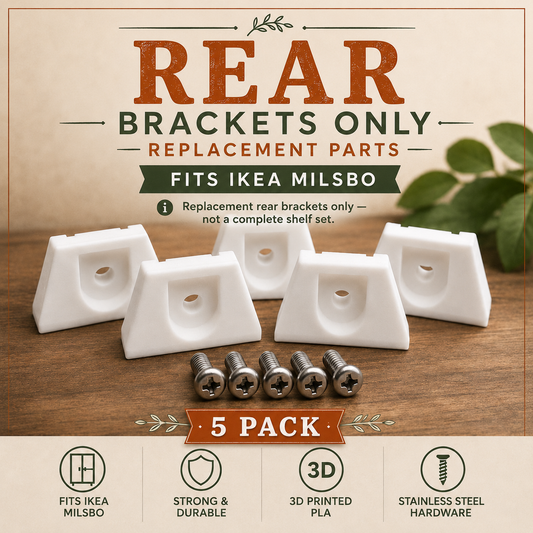 Five white IKEA Milsbo rear shelf brackets and five screws arranged on a wooden surface, with promotional text reading 'Rear Brackets Only Replacement Parts' and 'Fits IKEA Milsbo.'.