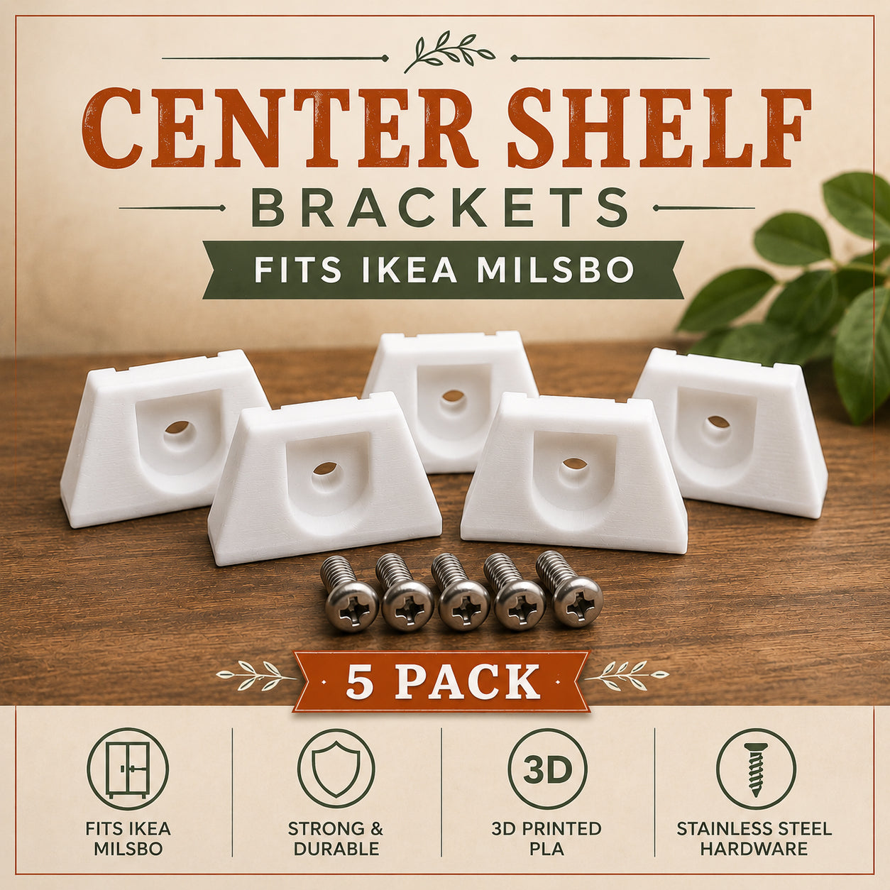 Center shelf brackets for IKEA Milsbo with screws on a wooden surface, featuring branding and product details.
