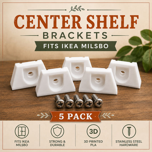 Center shelf brackets for IKEA Milsbo with screws on a wooden surface, featuring branding and product details.