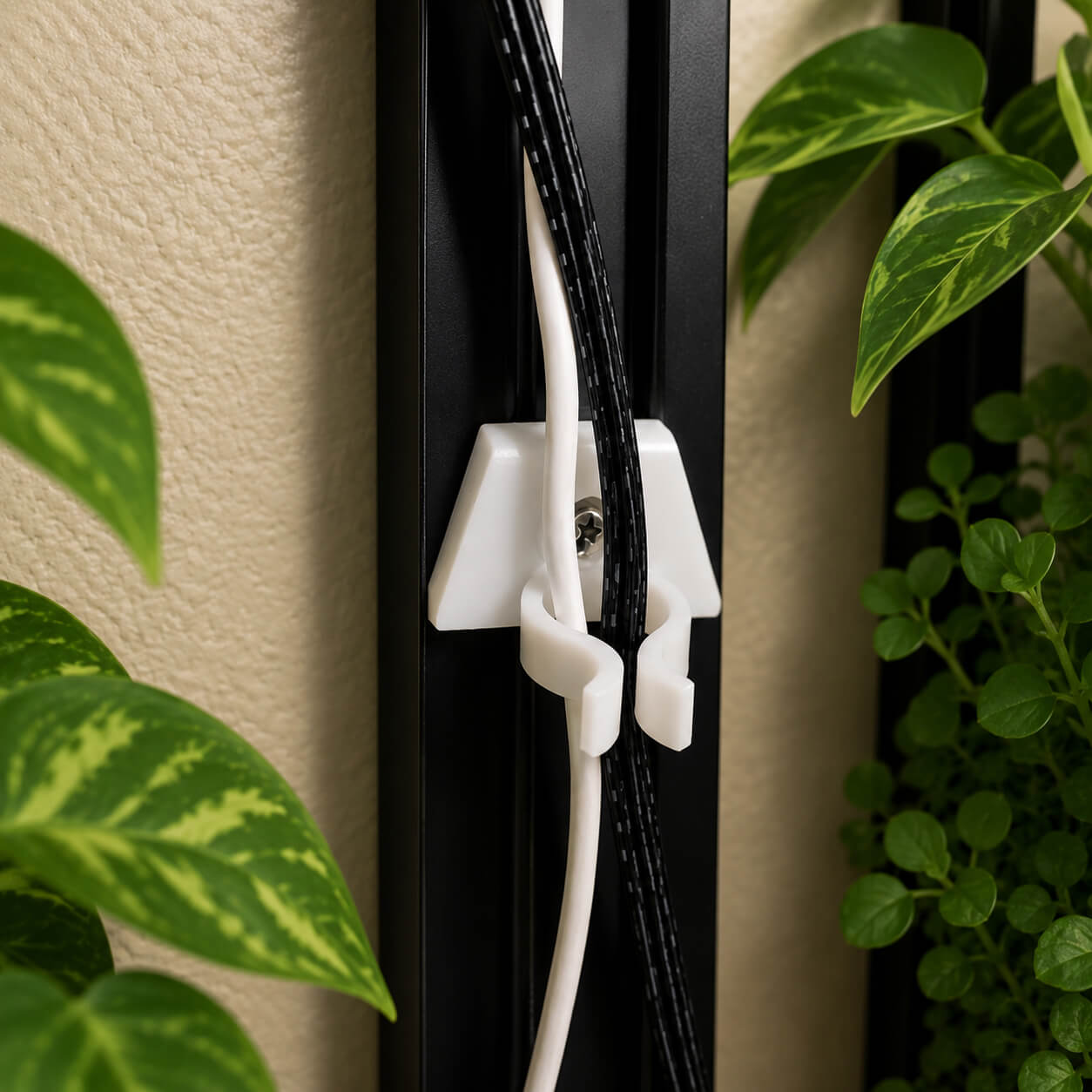 White cable management clip on a black door with green plants in the background