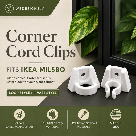 Corner cord clips for IKEA Milsbo plant cabinet with product details on a neutral background.