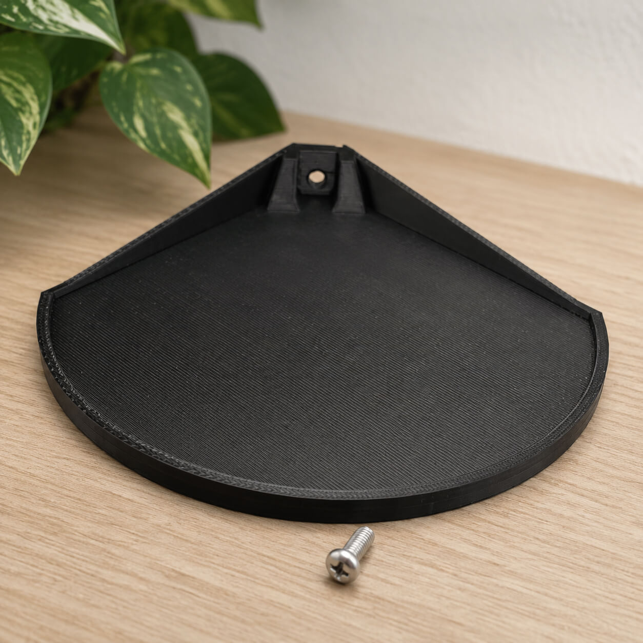 Black hexagonal tray with a screw on a wooden surface with a plant in the corner.