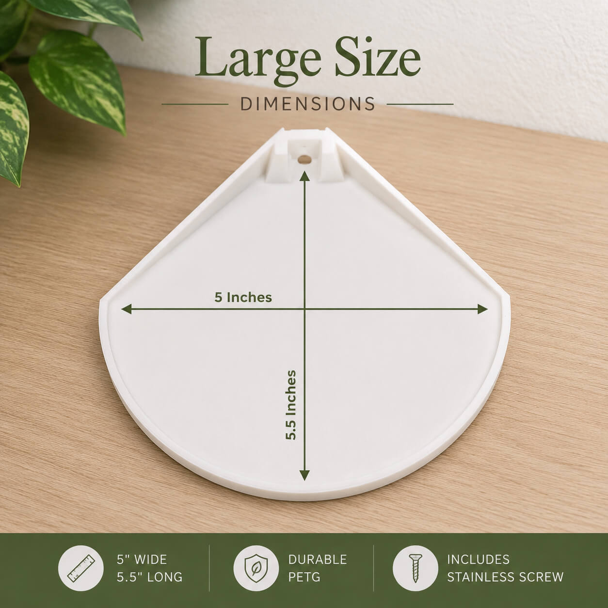White pet dish with dimensions on a wooden surface, featuring green text and icons.