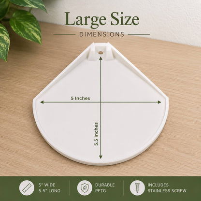 White pet dish with dimensions on a wooden surface, featuring green text and icons.