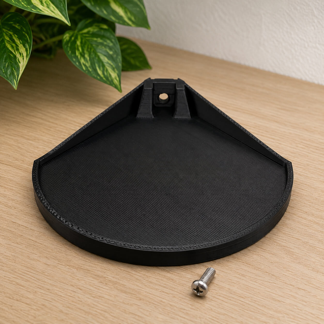Black pet ramp on a wooden surface with a plant in the background