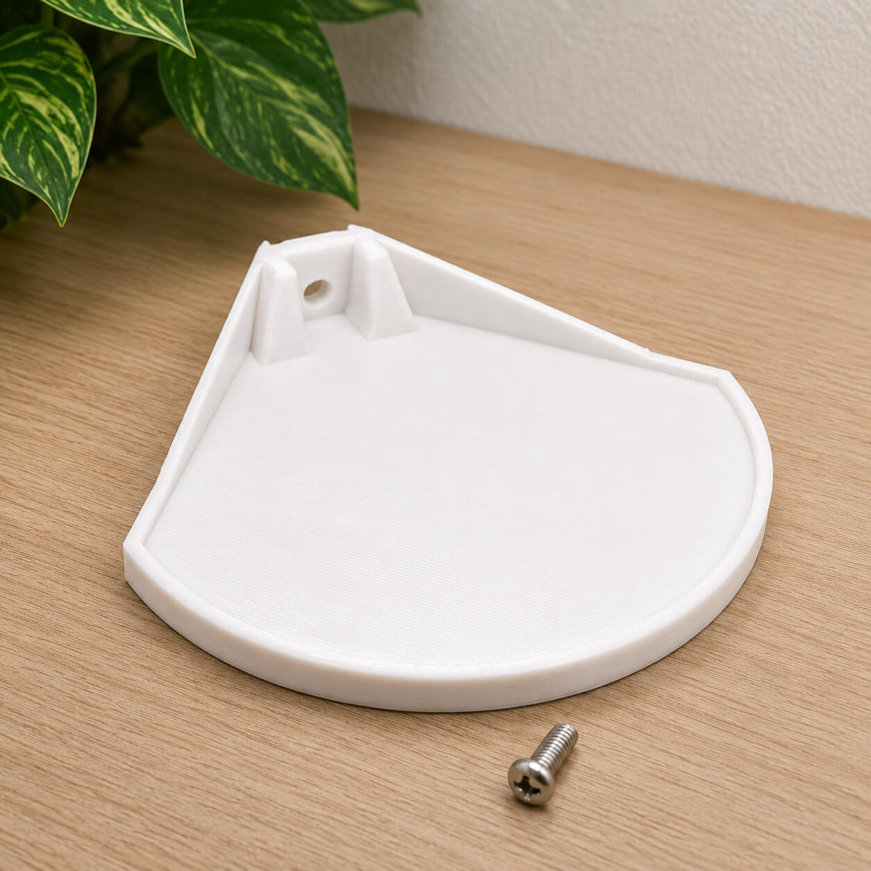 White corner bracket on a wooden surface with a plant in the background