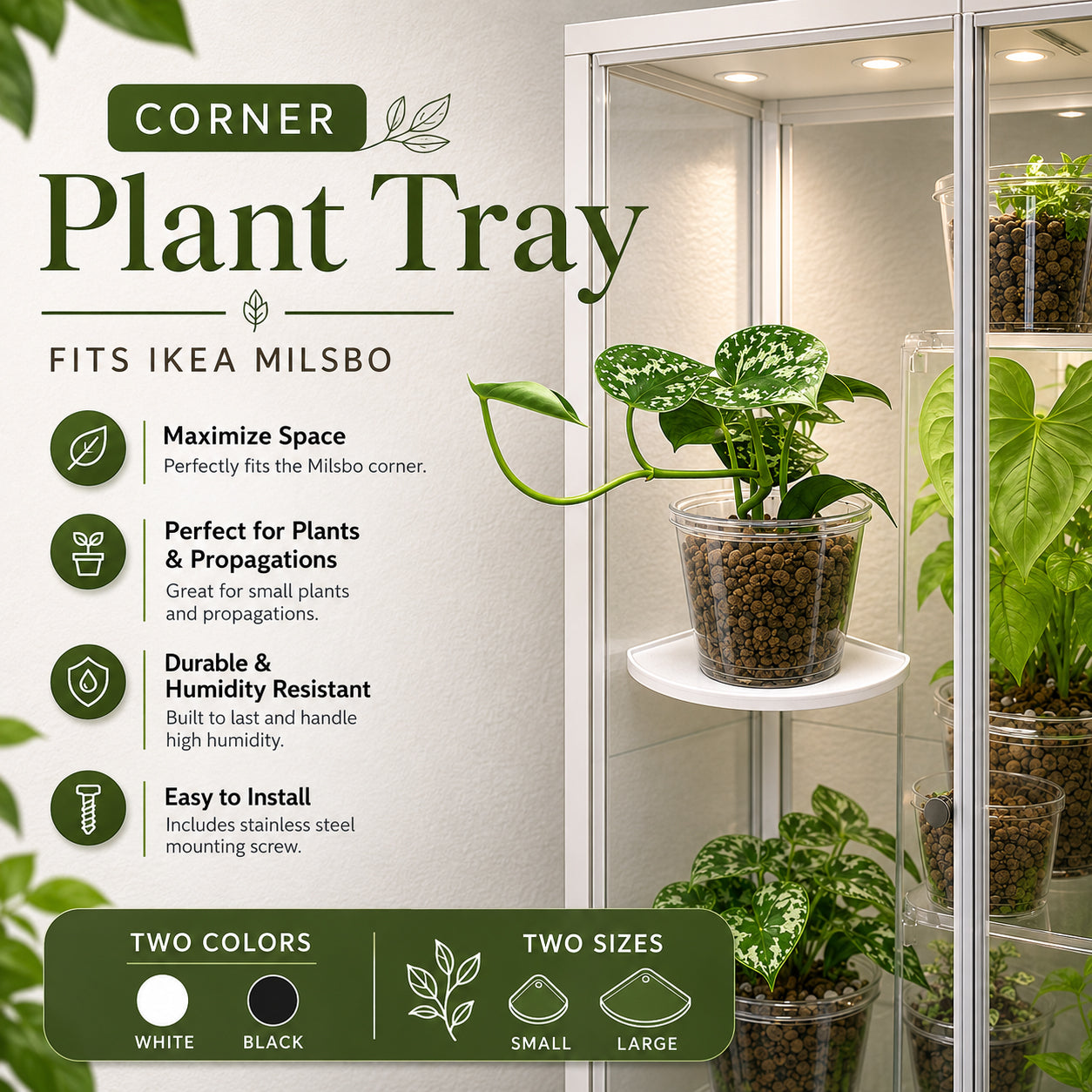 Corner plant tray for IKEA Milsbo with plant and product features on a white background