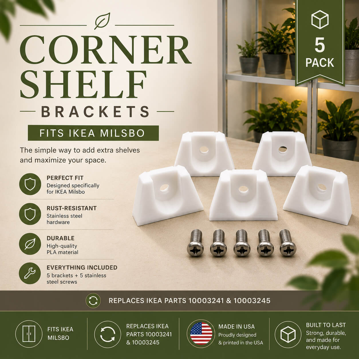 Corner shelf brackets for IKEA Milsbo with packaging details and product features.