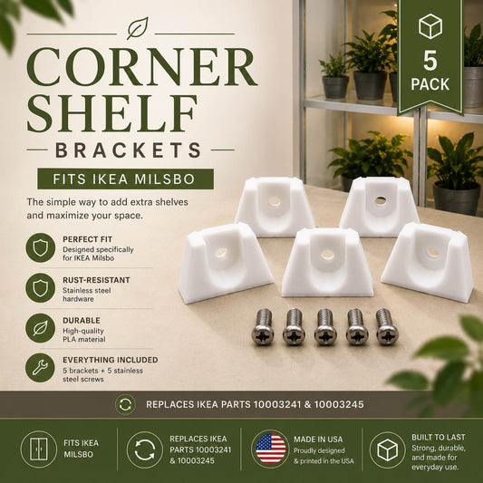 Corner shelf brackets for IKEA Milsbo with packaging details and product features.