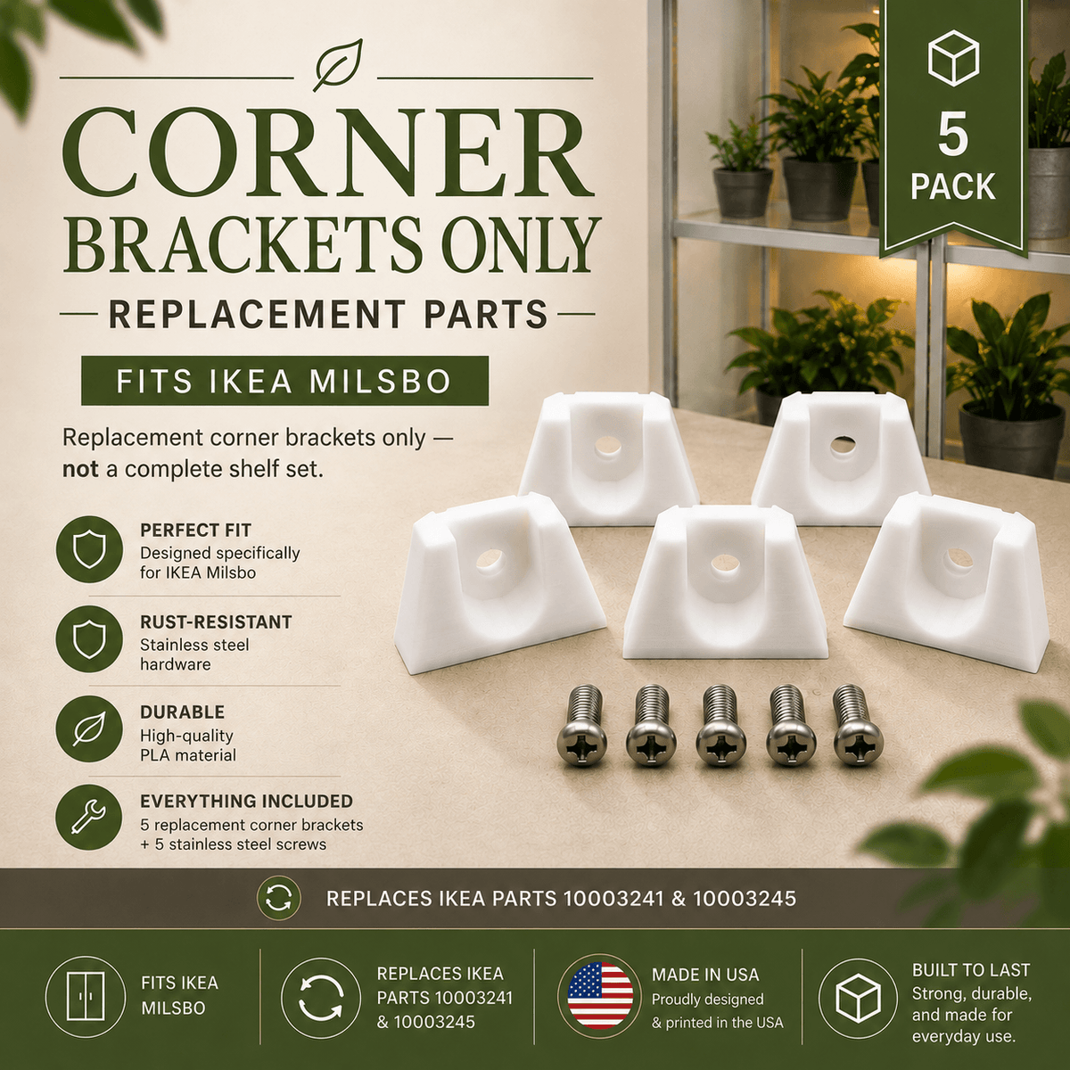 Five white corner shelf brackets and five stainless steel screws shown on a branded product graphic background. The image includes text stating 'CORNER BRACKETS ONLY', 'REPLACEMENT PARTS', 'FITS IKEA MILSBO', '5 PACK', and feature callouts about fit, rust resistance, durability, and included hardware.