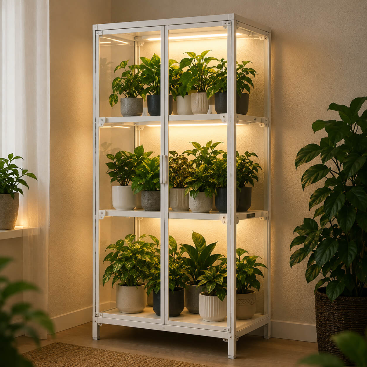 White metal shelving unit with glass doors displaying potted plants in a room setting.