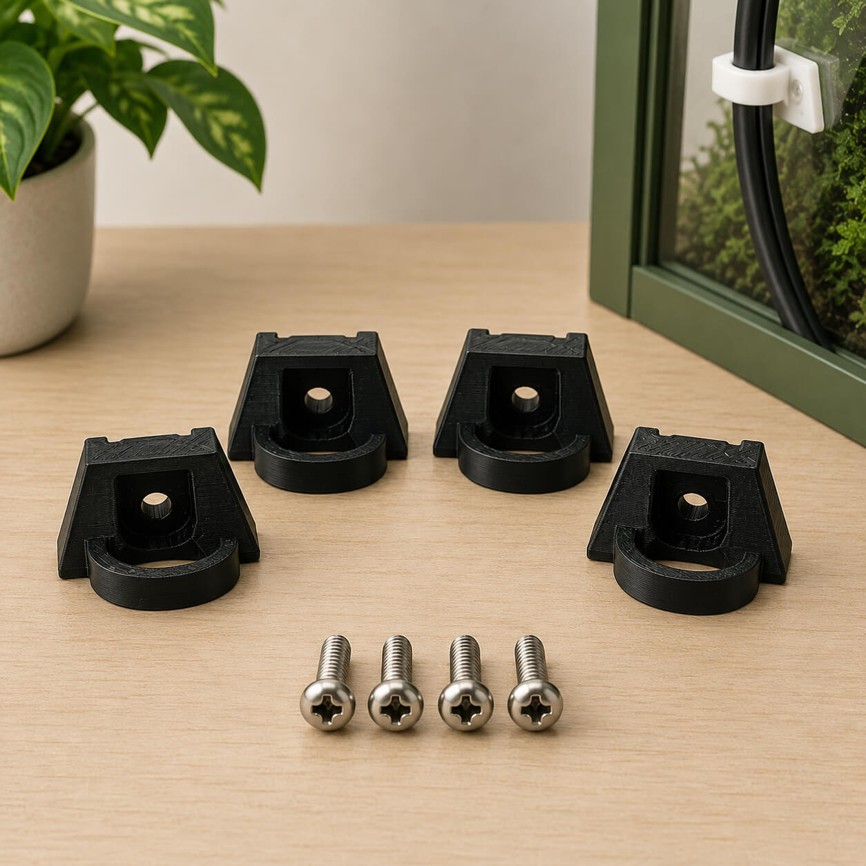 Black plastic brackets and screws on a wooden surface with a plant in the background