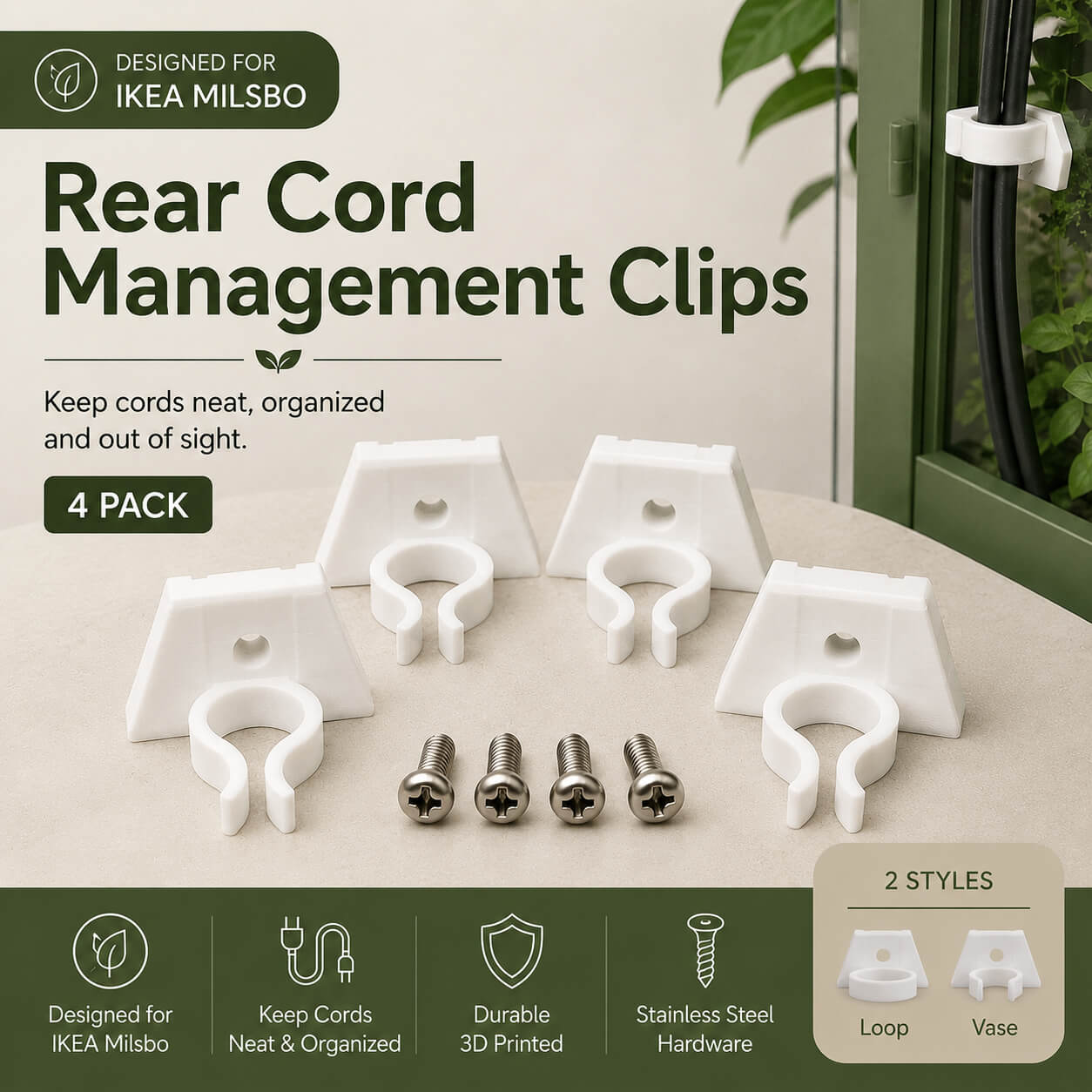 Rear cord management clips with screws on a beige surface, designed for IKEA Milsbo.