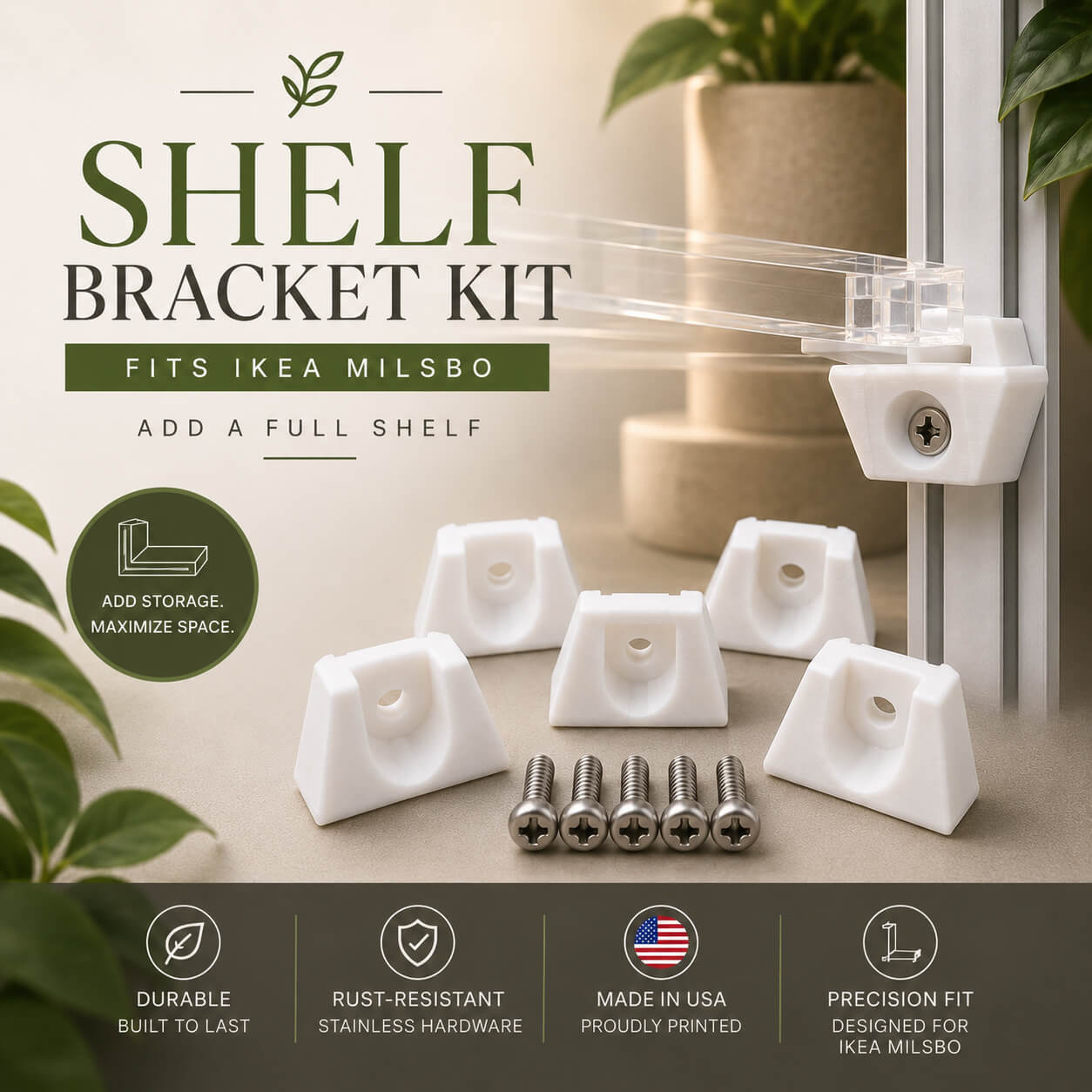 Elegant IKEA Milsbo shelf bracket kit product display with white brackets and stainless steel hardware for adding extra cabinet shelving