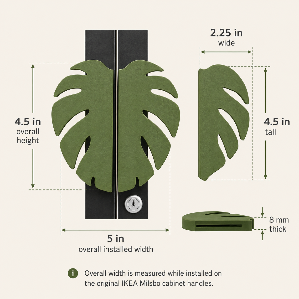 Dimension diagram of a green monstera leaf-shaped cabinet handle set, showing overall height of 4.5 in, overall width of 5 in installed, width of 2.
