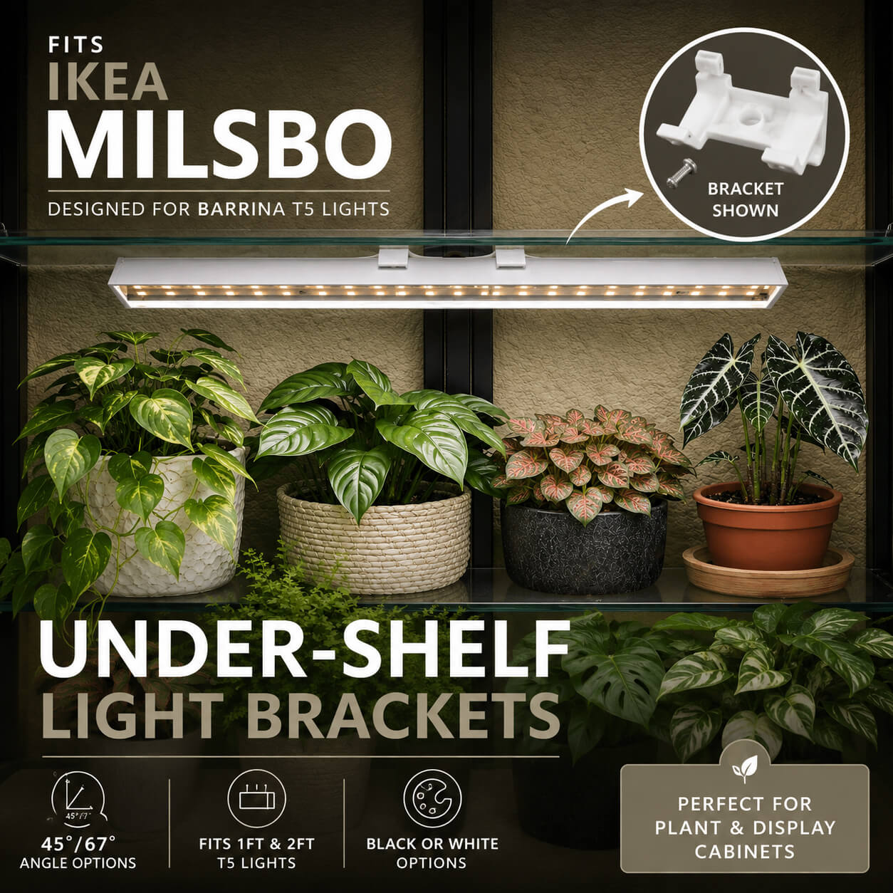 Under-shelf light brackets for IKEA Milsbo cabinets with plants on a shelf.
