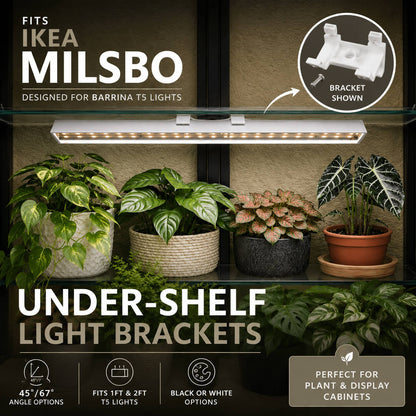Under-shelf light brackets for IKEA Milsbo cabinets with plants on a shelf.
