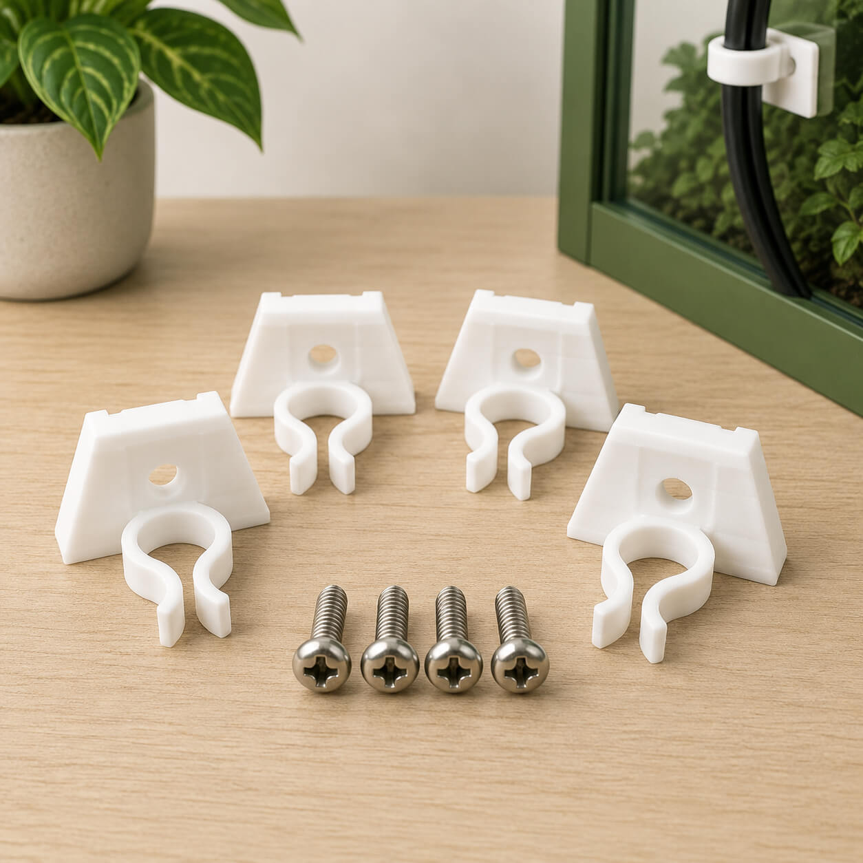Set of white plastic hooks and screws on a wooden surface with a plant in the background.
