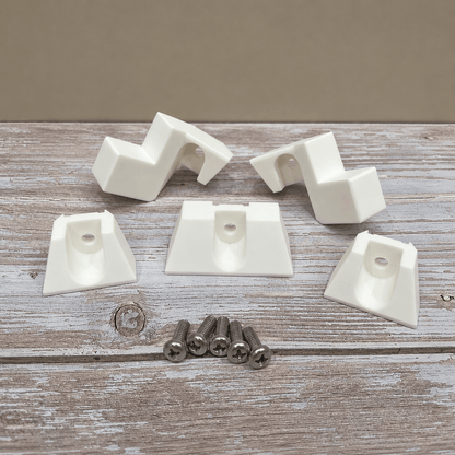 White IKEA Milsbo wire shelf mounting bracket kit with stainless steel hardware.