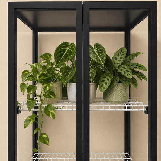 Wire shelf installed inside a white IKEA Milsbo plant cabinet using custom mounting brackets.
