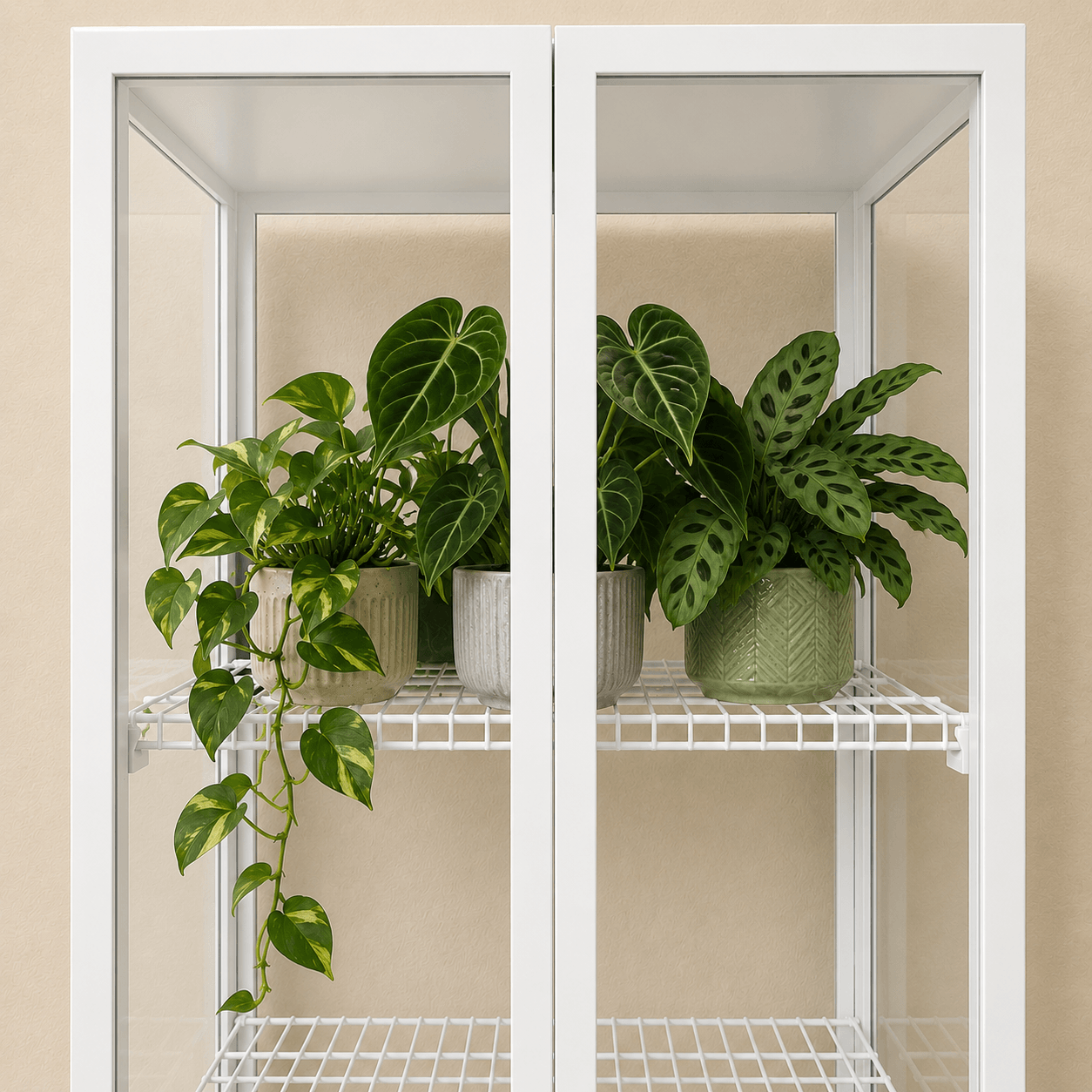 Wire shelf installed inside a white IKEA Milsbo plant cabinet using custom mounting brackets.