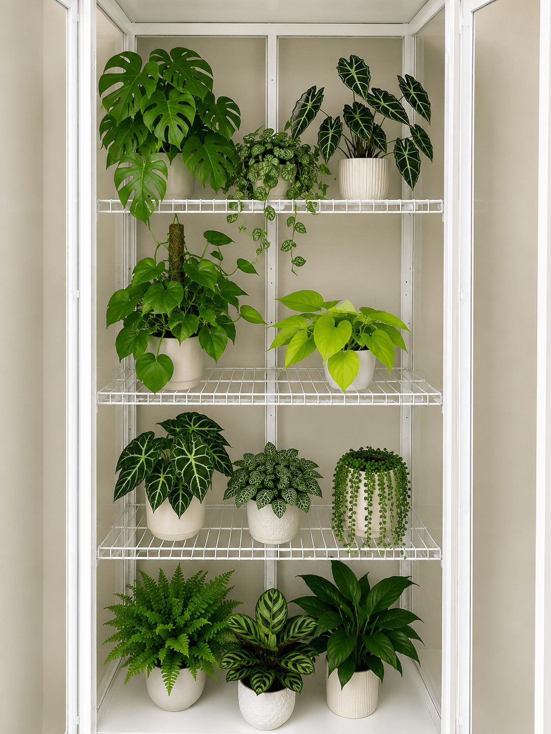 IKEA Milsbo Tall plant cabinet filled with houseplants on white wire shelves for improved airflow and light distribution.