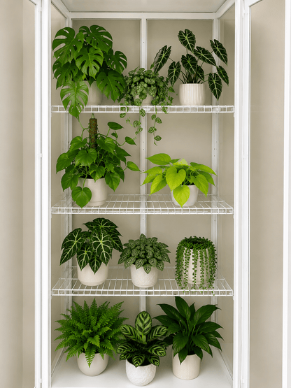 IKEA Milsbo Tall plant cabinet filled with houseplants on white wire shelves for improved airflow and light distribution.