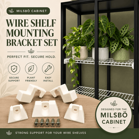 IKEA Milsbo wire shelf mounting bracket kit for DIY plant cabinet shelving with custom brackets and stainless steel hardware.