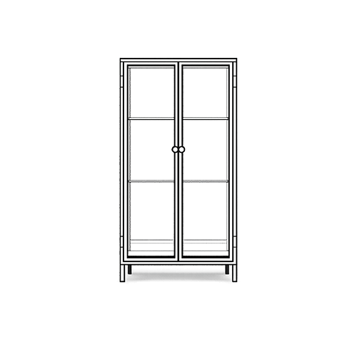 Black metal cabinet with glass doors on a white background