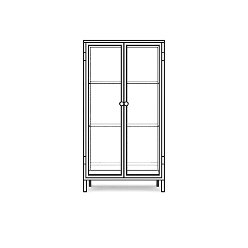 Black and white line drawing of a glass cabinet with metal frame on a transparent background