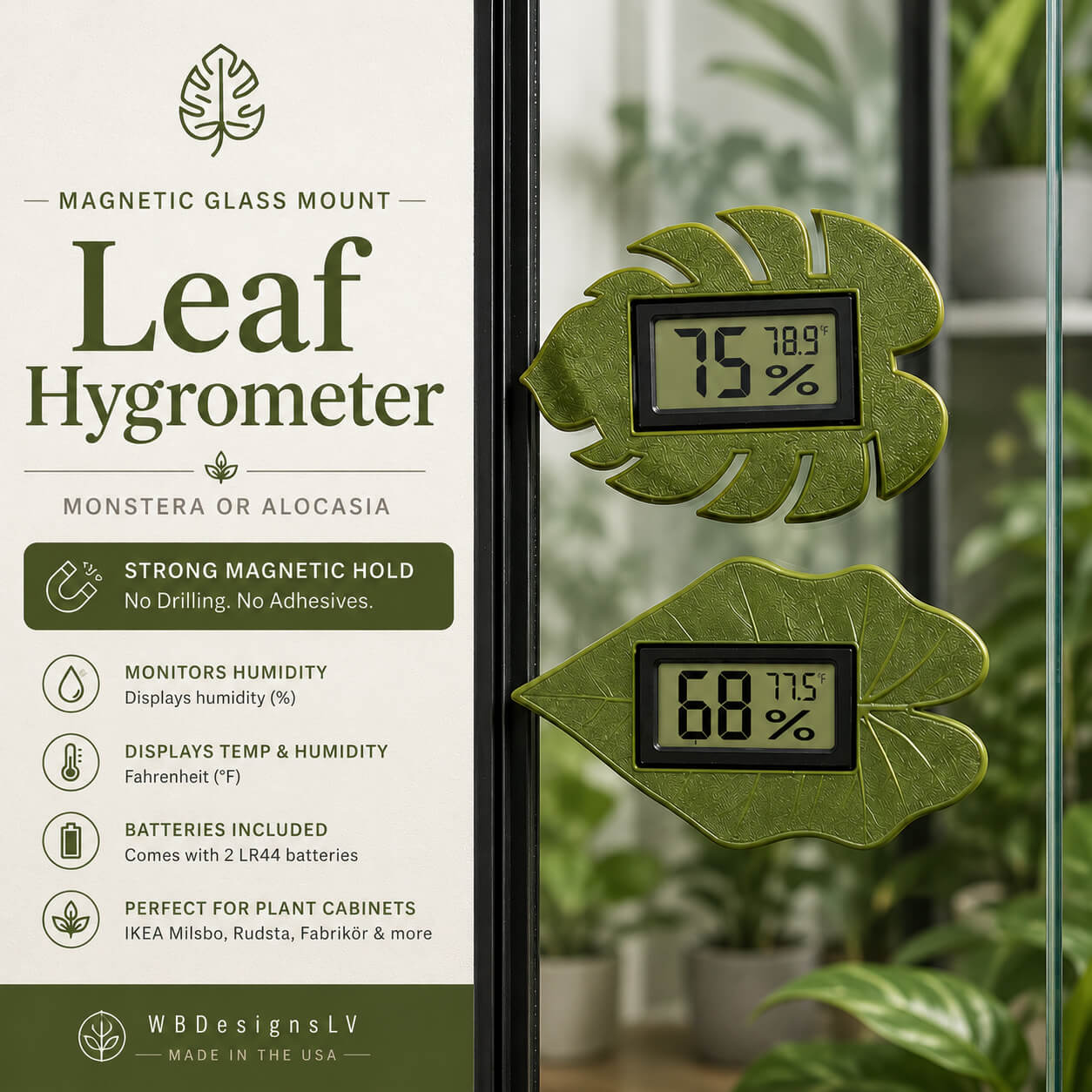 Decorative leaf glass mount hygrometer – Monstera and Alocasia designs – WBDesignsLV