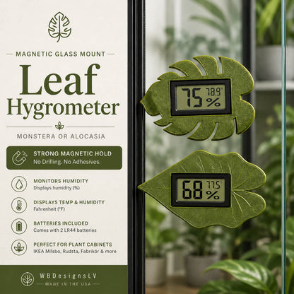 Decorative leaf glass mount hygrometer – Monstera and Alocasia designs – WBDesignsLV