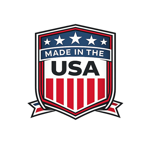 Shield emblem with 'Made in the USA' text and American flag design on a black background