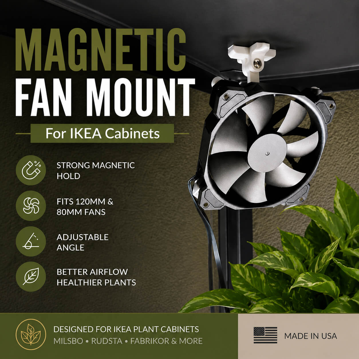 Magnetic fan mount for IKEA Milsbo cabinet – main product view with 80mm fan attached