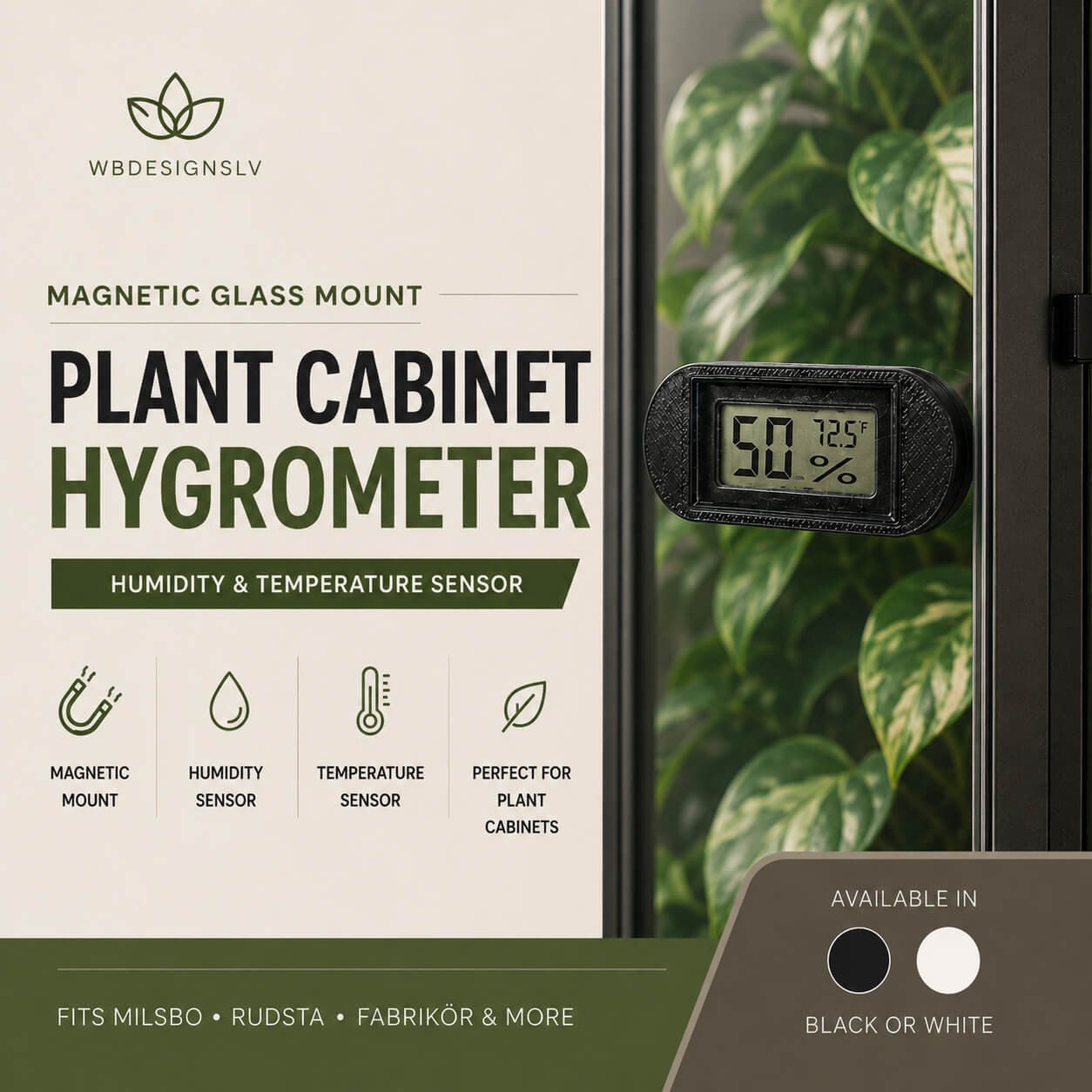Magnetic glass mount hygrometer for plant cabinets – Black and White – WBDesignsLV